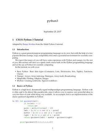 python3  September 25, 2017  1  CS131 Python 3 Tutorial Adapted by Ranjay Krishna from the CS228