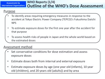 Outline of the WHO's Dose Assessment  International Organizations  Purpose    To identify areas