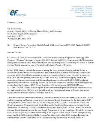 February 15, 2016  Mr. Scott Moore  (Acting) Director, Office of Nuclear Material Safety and