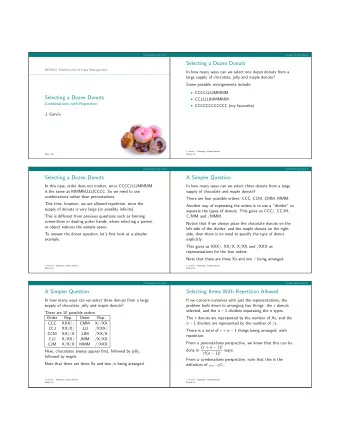 Selecting a Dozen Donuts  MDM4U: Mathematics of Data Management  In how many ways can we select one