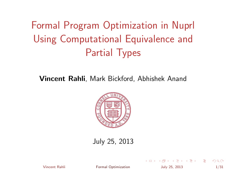 formal program optimization in nuprl using computational