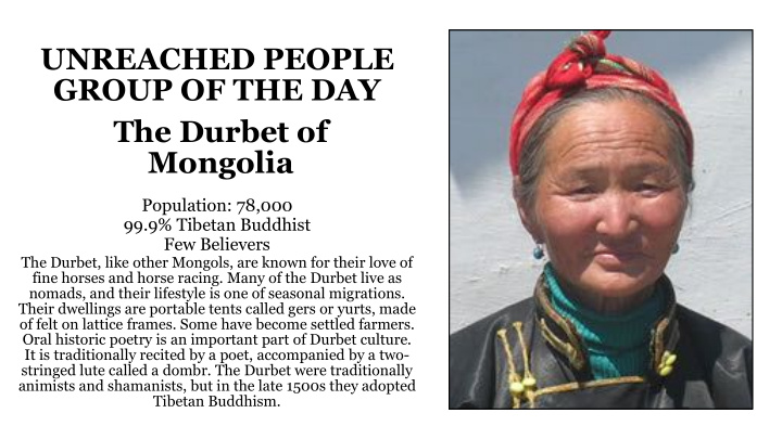 unreached people group of the day the durbet of mongolia