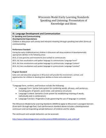Wisconsin Model Early Learning Standards  Speaking and Listening: Presentation of Knowledge and