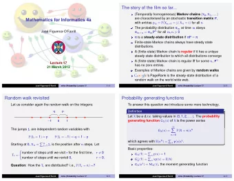 The story of the film so far... (Temporally homogeneous) Markov chains { X 0 , X 1 , . . . } are