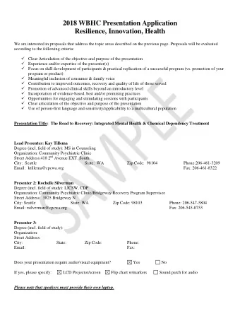 2018 WBHC Presentation Application  Resilience, Innovation, Health  We are interested in proposals