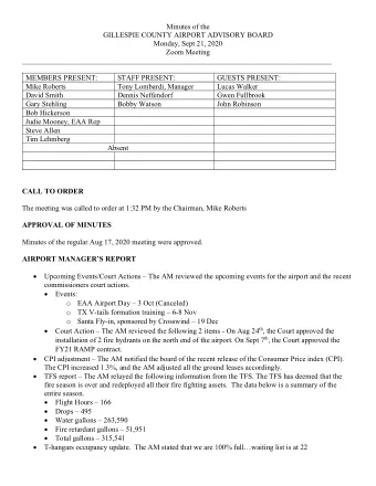 Minutes of the  GILLESPIE COUNTY AIRPORT ADVISORY BOARD  Monday, Sept 21, 2020  Zoom Meeting