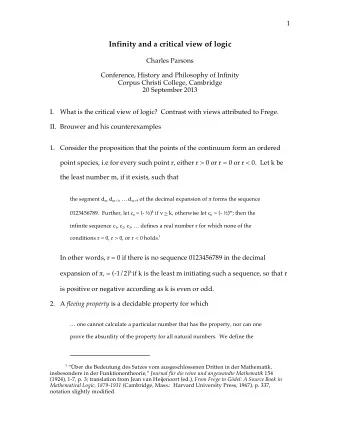 Infinity and a critical view of logic  Charles Parsons  Conference, History and Philosophy of