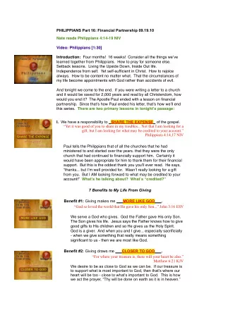 PHILIPPIANS Part 16: Financial Partnership 09.19.10  Nate reads Philippians 4:14-19 NIV  Video: