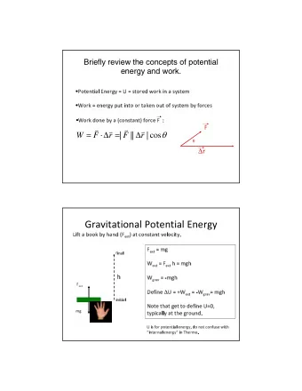 Gravitational Potential Energy Lift a book by hand (F ext ) at constant velocity. F ext = mg  final
