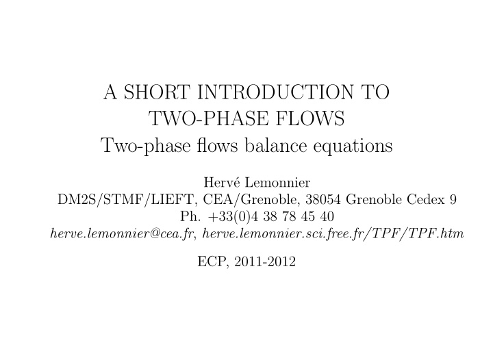 a short introduction to two phase flows two phase flows