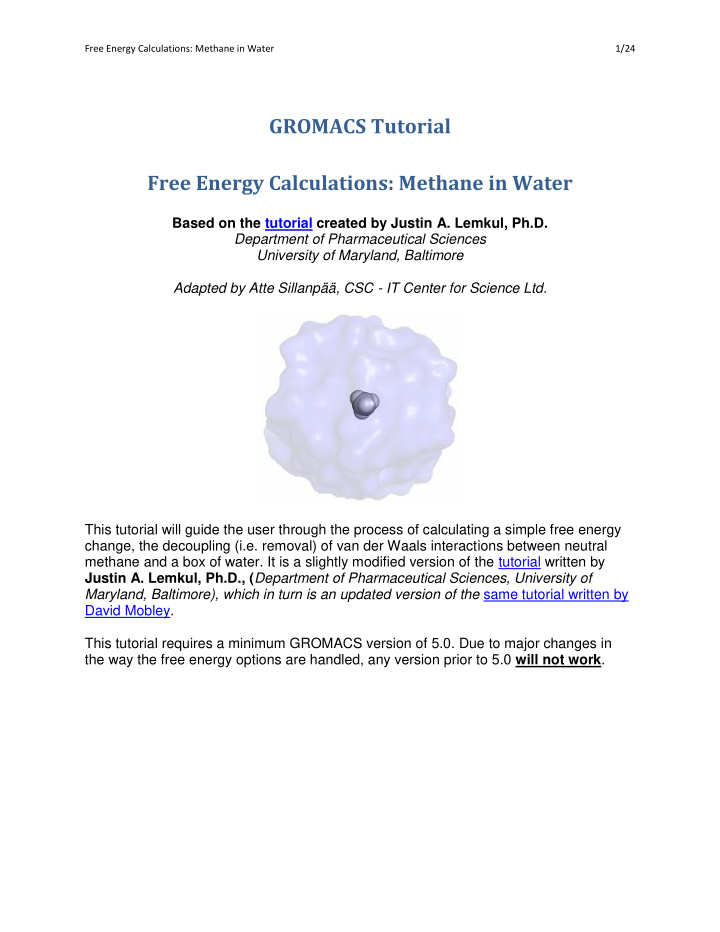 gromacs tutorial free energy calculations methane in water
