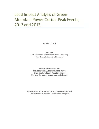 Load Impact Analysis of Green Mountain Power Critical Peak Events, 2012 and 2013  05 March 2015