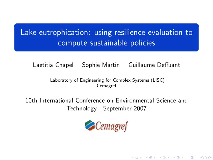 lake eutrophication using resilience evaluation to