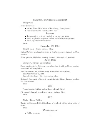 Hazardous Materials Management  Background  Episodic Events:  1979 - Three Mile Island -