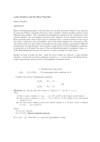 p -adic Numbers and the Hasse Principle  Otmar Venjakob  ABSTRACT  Hasses local-global principle