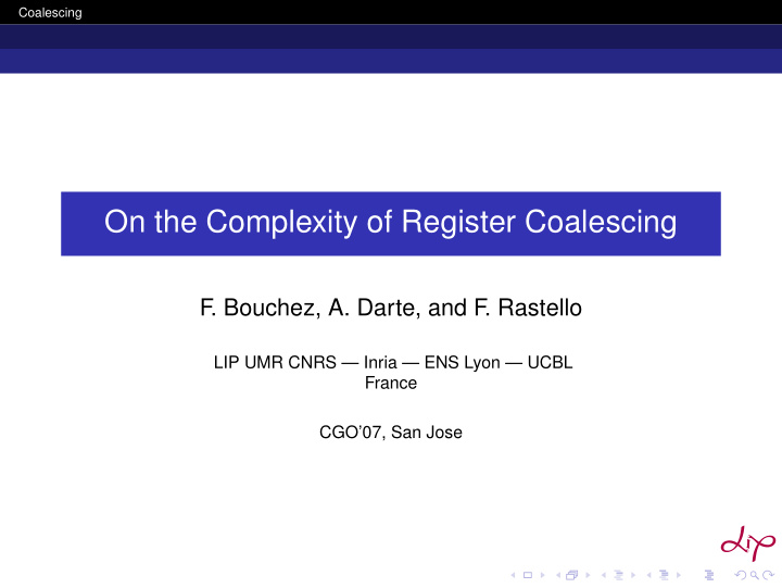 on the complexity of register coalescing