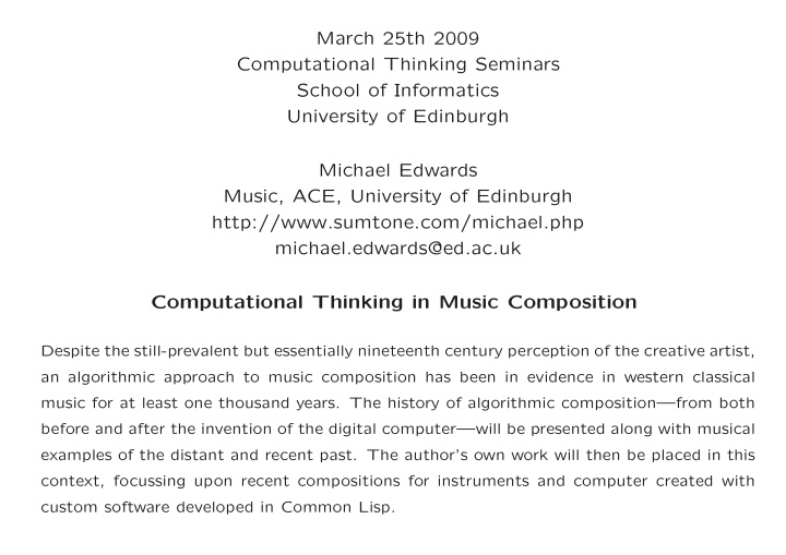 march 25th 2009 computational thinking seminars school of