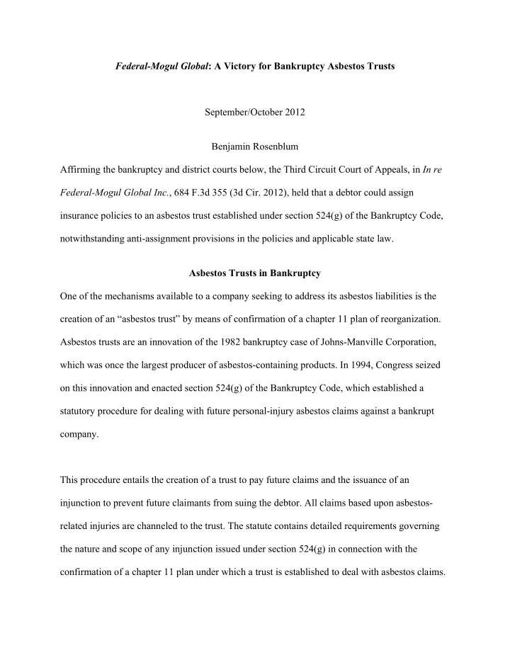federal mogul global a victory for bankruptcy asbestos