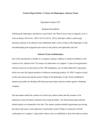 Federal-Mogul Global : A Victory for Bankruptcy Asbestos Trusts  September/October 2012  Benjamin