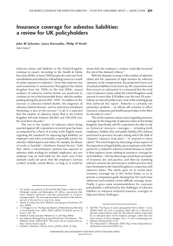 Insurance coverage for asbestos liabilities:  a review for UK policyholders  John M Sylvester,