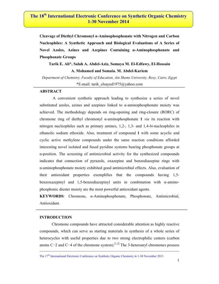 the 18 th international electronic conference on