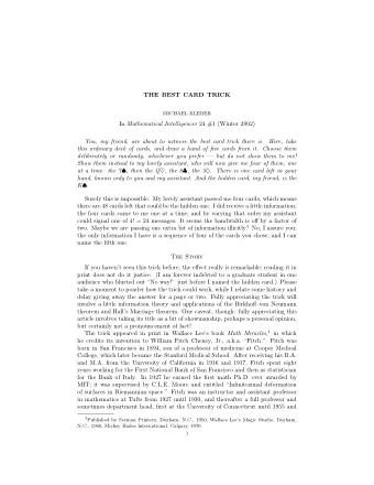 THE BEST CARD TRICK  MICHAEL KLEBER In Mathematical Intelligencer 24 #1 (Winter 2002)  You, my