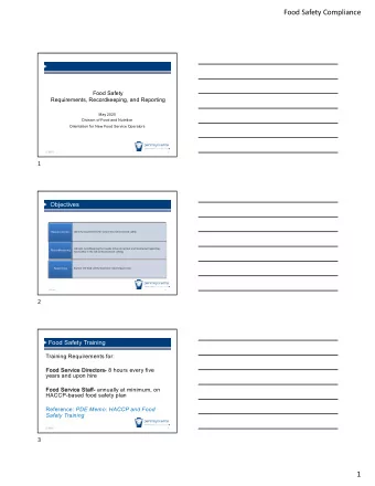 Food Safety Compliance  Food Safety  Requirements, Recordkeeping, and Reporting  May 2020  Division