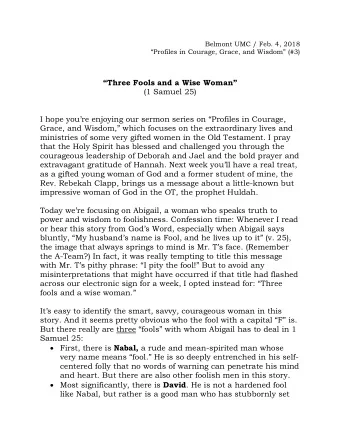 Three Fools and a Wise Woman  (1 Samuel 25)  I hope youre enjoying our sermon series on