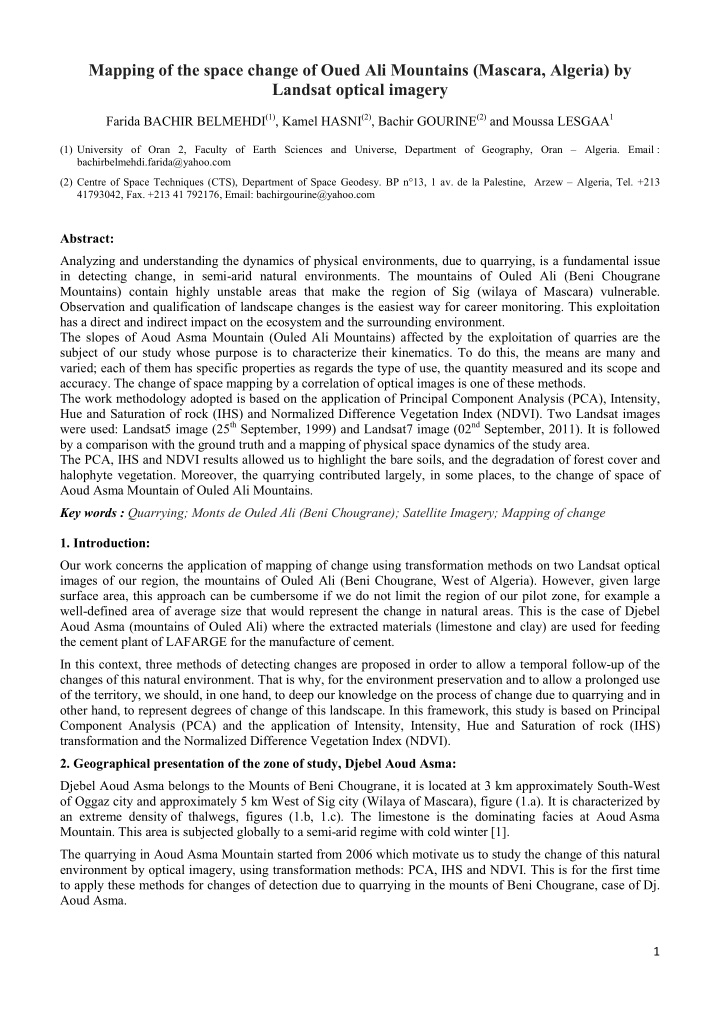 mapping of the space change of oued ali mountains mascara