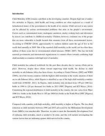 Introduction  Child Mortality (CM) remains a problem in the developing countries. Despite high rate