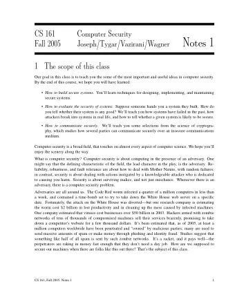 Notes 1  Fall 2005  Joseph/Tygar/Vazirani/Wagner  1  The scope of this class  Our goal in this