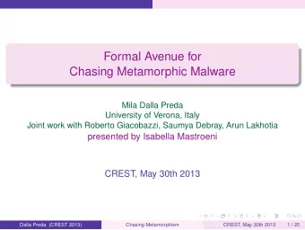 Formal Avenue for  Chasing Metamorphic Malware  Mila Dalla Preda  University of Verona, Italy