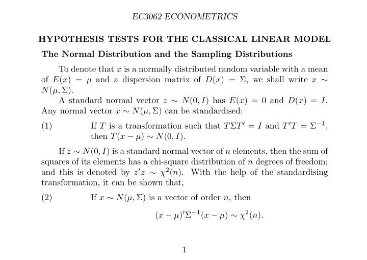 ec3062 econometrics hypothesis tests for the classical