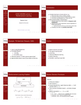 Introduction  CSCE  CSCE  496/896  496/896  Lecture 7:  Lecture 7:  Reinforcement  Reinforcement