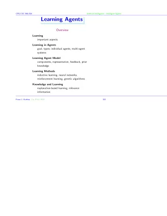 Learning Agents  Overview  Learning  important aspects  Learning in Agents  goal, types; individual
