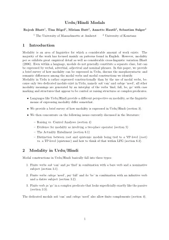 Urdu/Hindi Modals Rajesh Bhatt 1 , Tina B ogel 2 , Miriam Butt 2 , Annette Hautli 2 , Sebastian