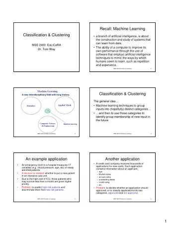 Recall: Machine Learning  Classification &amp; Clustering  a branch of artificial intelligence,