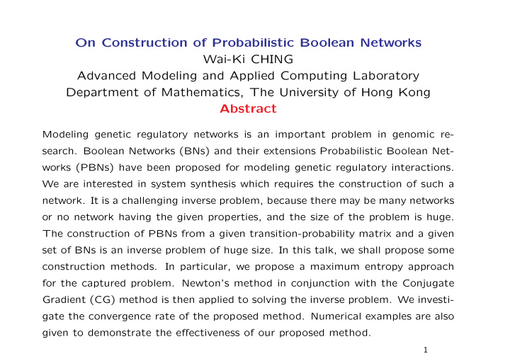 on construction of probabilistic boolean networks wai ki