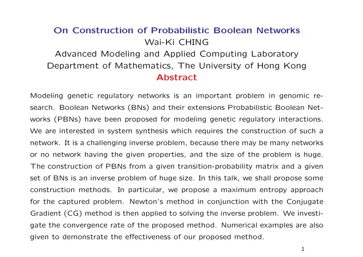 on construction of probabilistic boolean networks wai ki