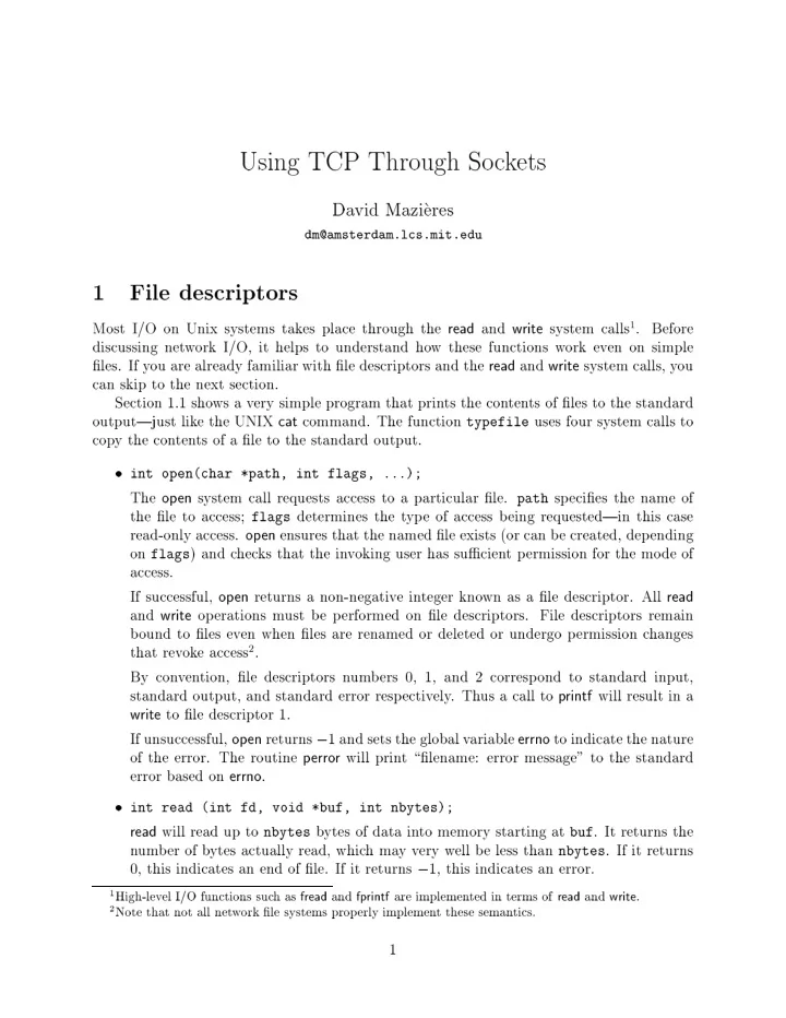 using tcp through so c k ets da vid mazi eres dm