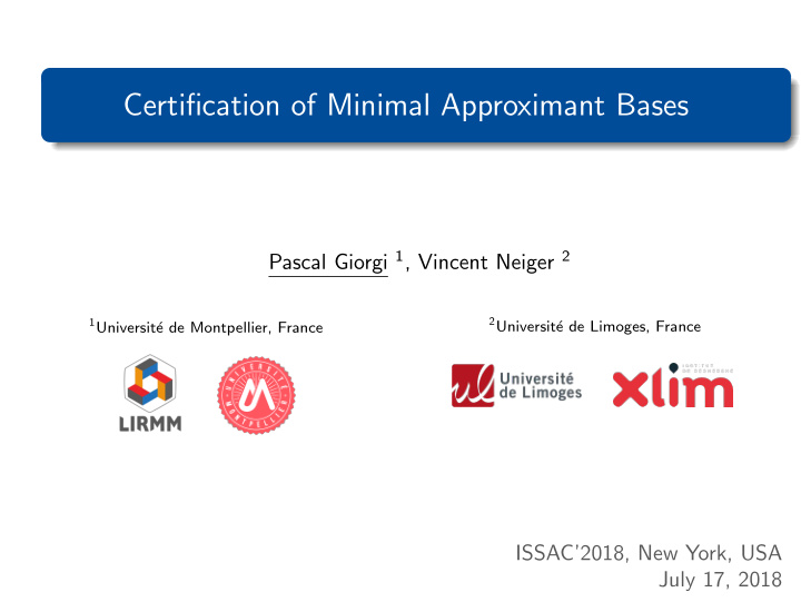 certification of minimal approximant bases