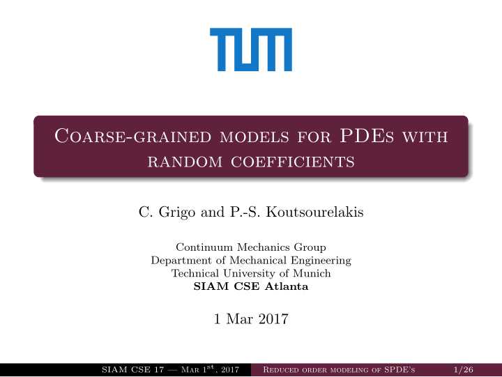 coarse grained models for pdes with random coefficients