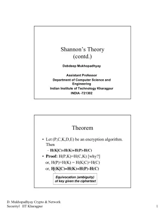 Shannons Theory  (contd.)  Debdeep Mukhopadhyay  Assistant Professor  Department of Computer