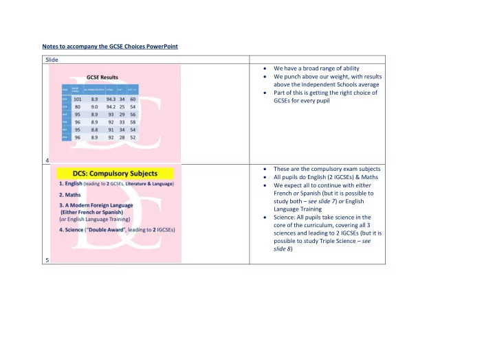 notes to accompany the gcse choices powerpoint slide we