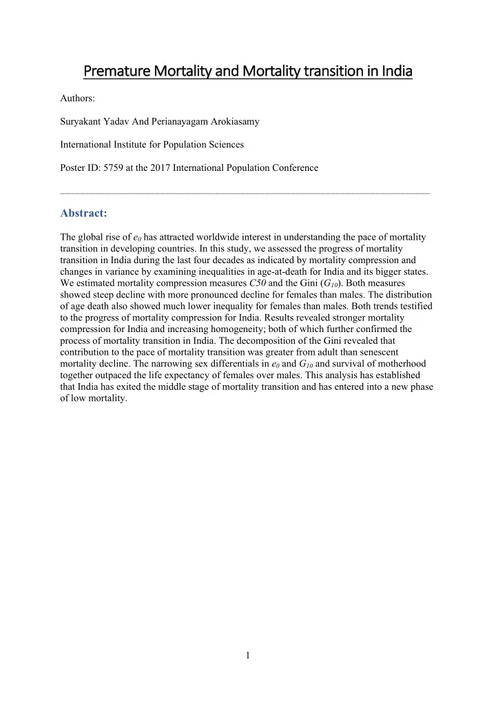 pr premat ature mortality y and and mortal ality y transi