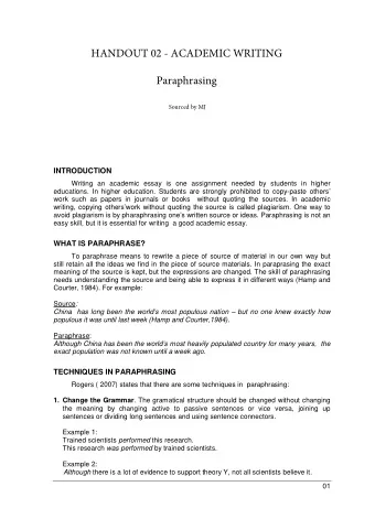 Paraphrasing  HANDOUT 02 - ACADEMIC WRITING  INTRODUCTION  Writing an academic essay is one