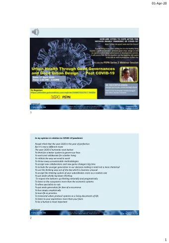 01-Apr-20  WEBINAR  Presentation By :  URBAN HEALTH THROUGH GOOD GOVERNANCE 1 ST APRL 2020 | 3PM