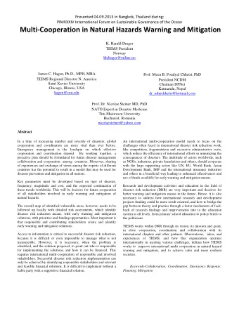 Multi-Cooperation in Natural Hazards Warning and Mitigation  K. Harald Drager  TIEMS President