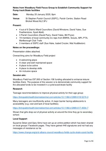 Notes from Woodbury Field Focus Group to Establish Community Support for  Pump track/Skate