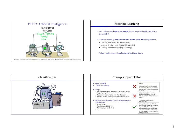 classifica on example spam filter
